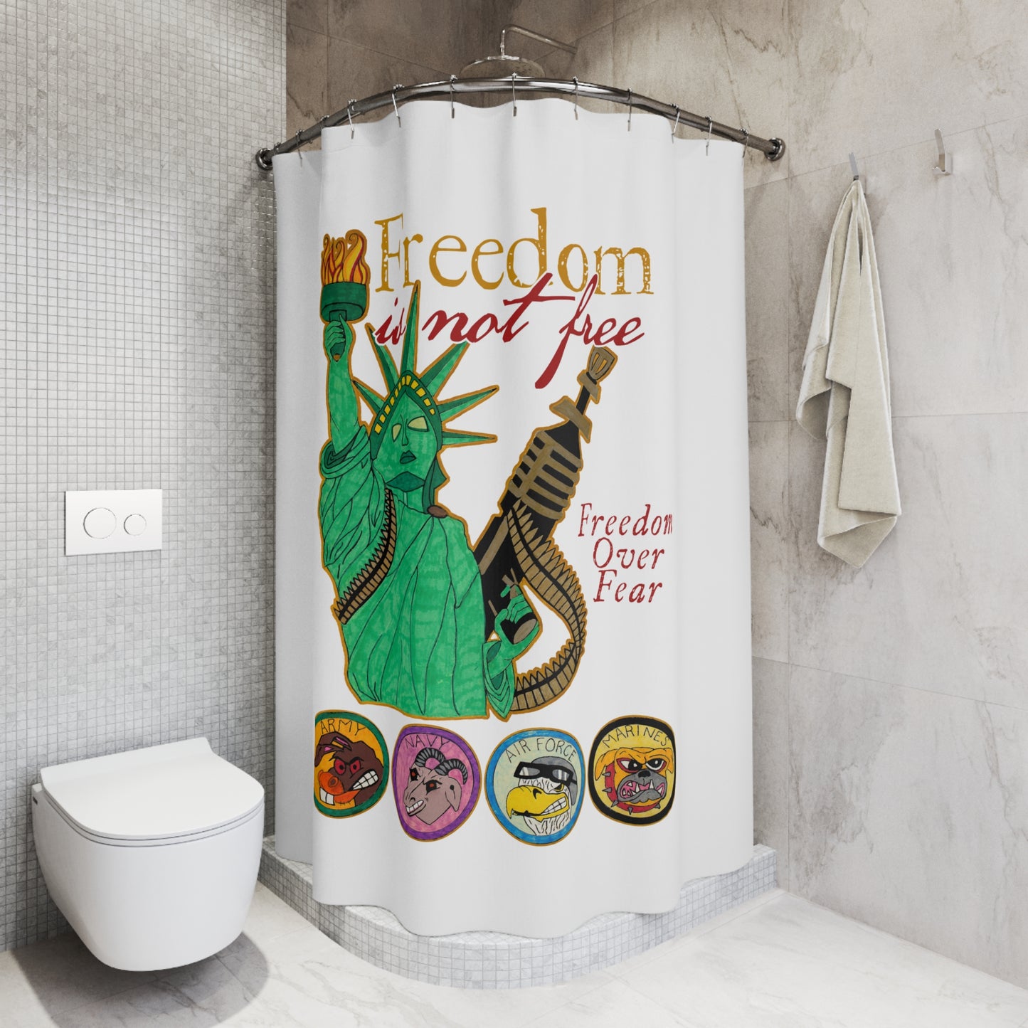 FREEDOM IS NOT FREE:  100% Polyester Patriotic Military Shower Curtain - FREE SHIPPING