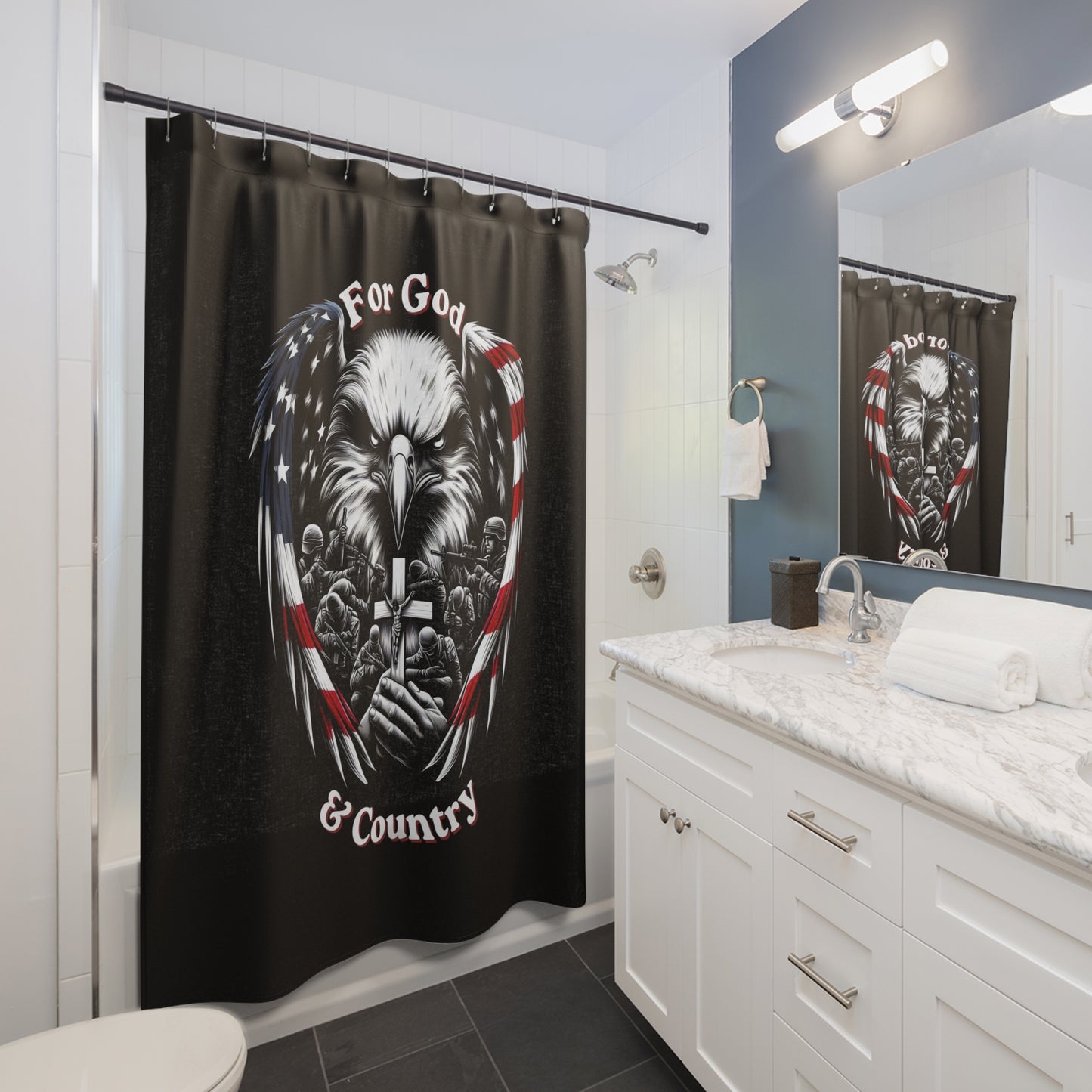 FOR GOD & COUNTRY:  100% Polyester Patriotic Christian Shower Curtain - FREE SHIPPING
