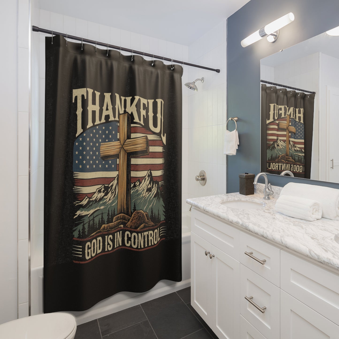 GOD IS IN CONTROL:  100% Polyester Patriotic Christian Shower Curtain - FREE SHIPPING
