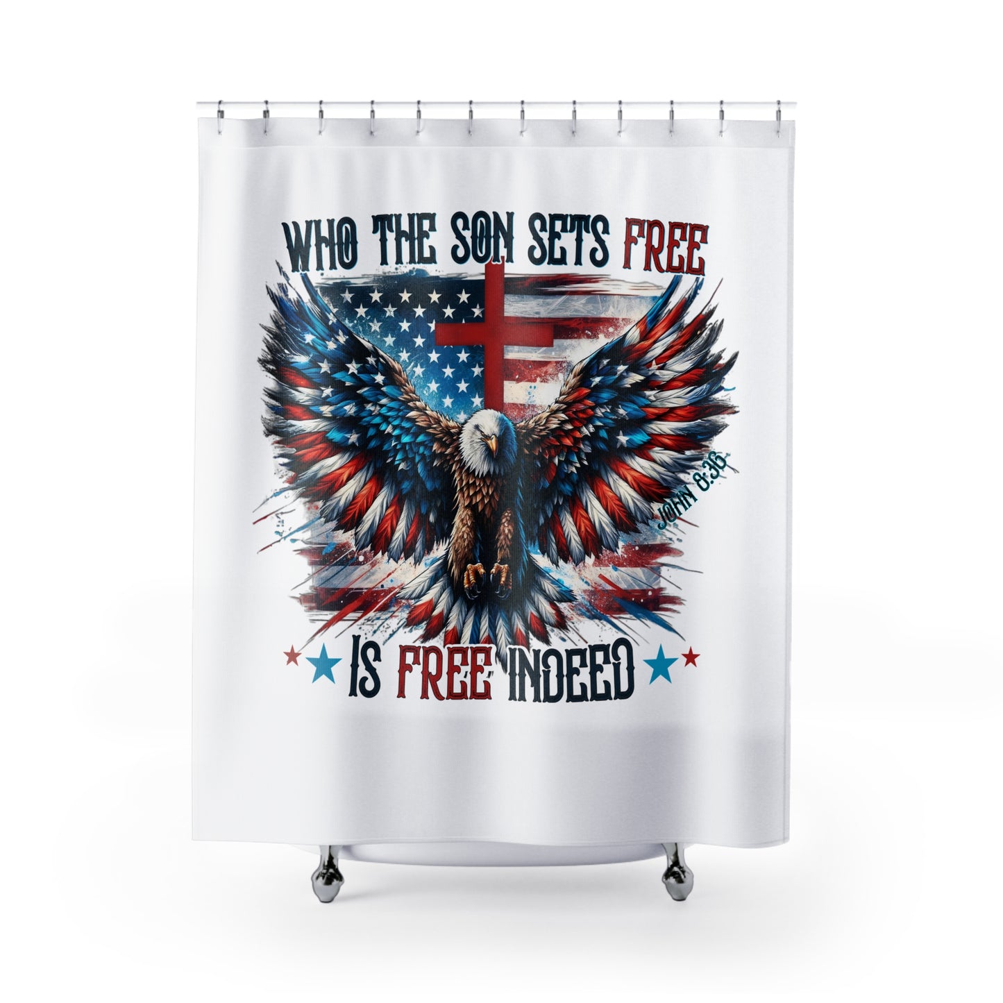 FREE INDEED:  100% Polyester Patriotic Christian Shower Curtain - FREE SHIPPING