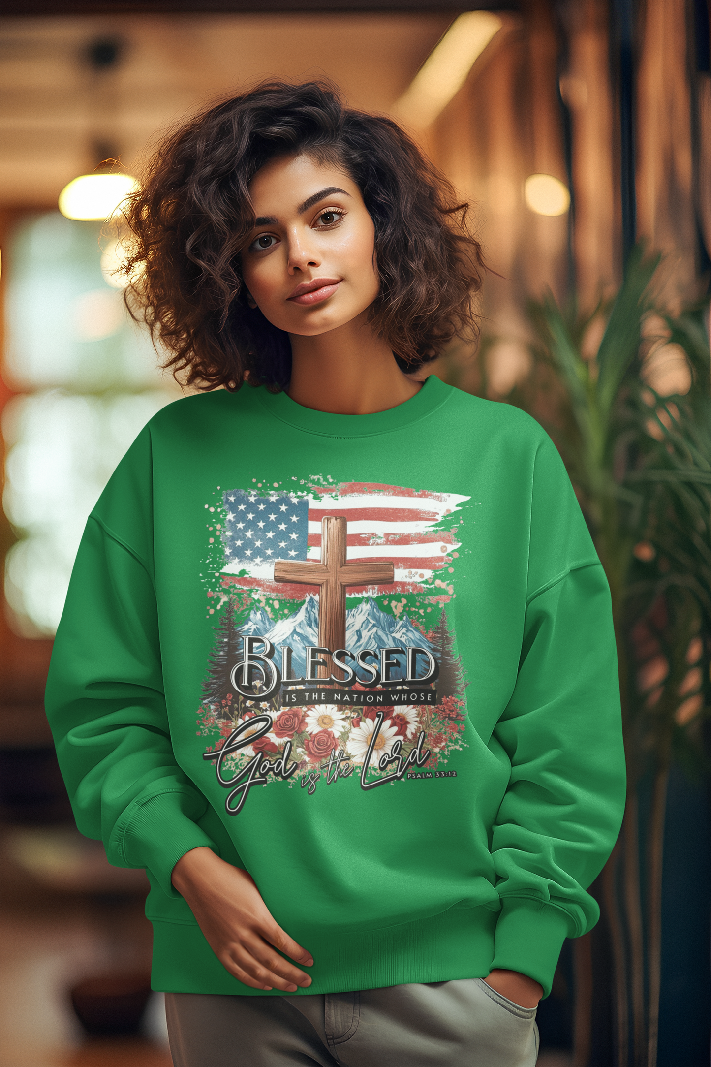 BLESSED IS THE NATION Heavy Weight Patriotic Christian Sweatshirt (S-5XL):  Women's Gildan 18000 - FREE SHIPPING
