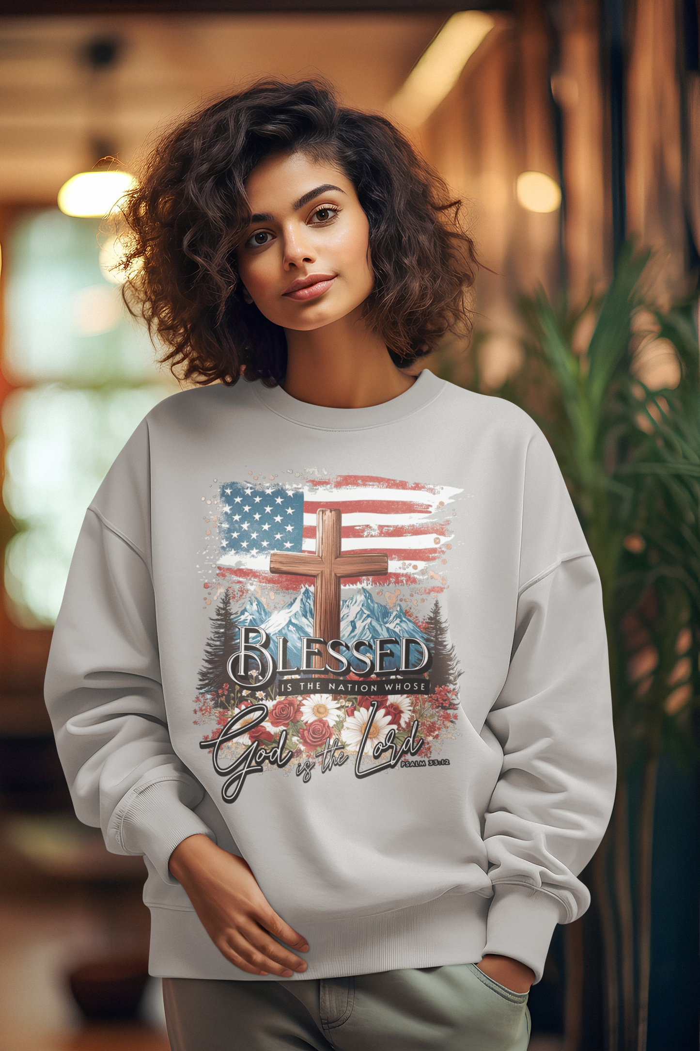 BLESSED IS THE NATION Heavy Weight Patriotic Christian Sweatshirt (S-5XL):  Women's Gildan 18000 - FREE SHIPPING