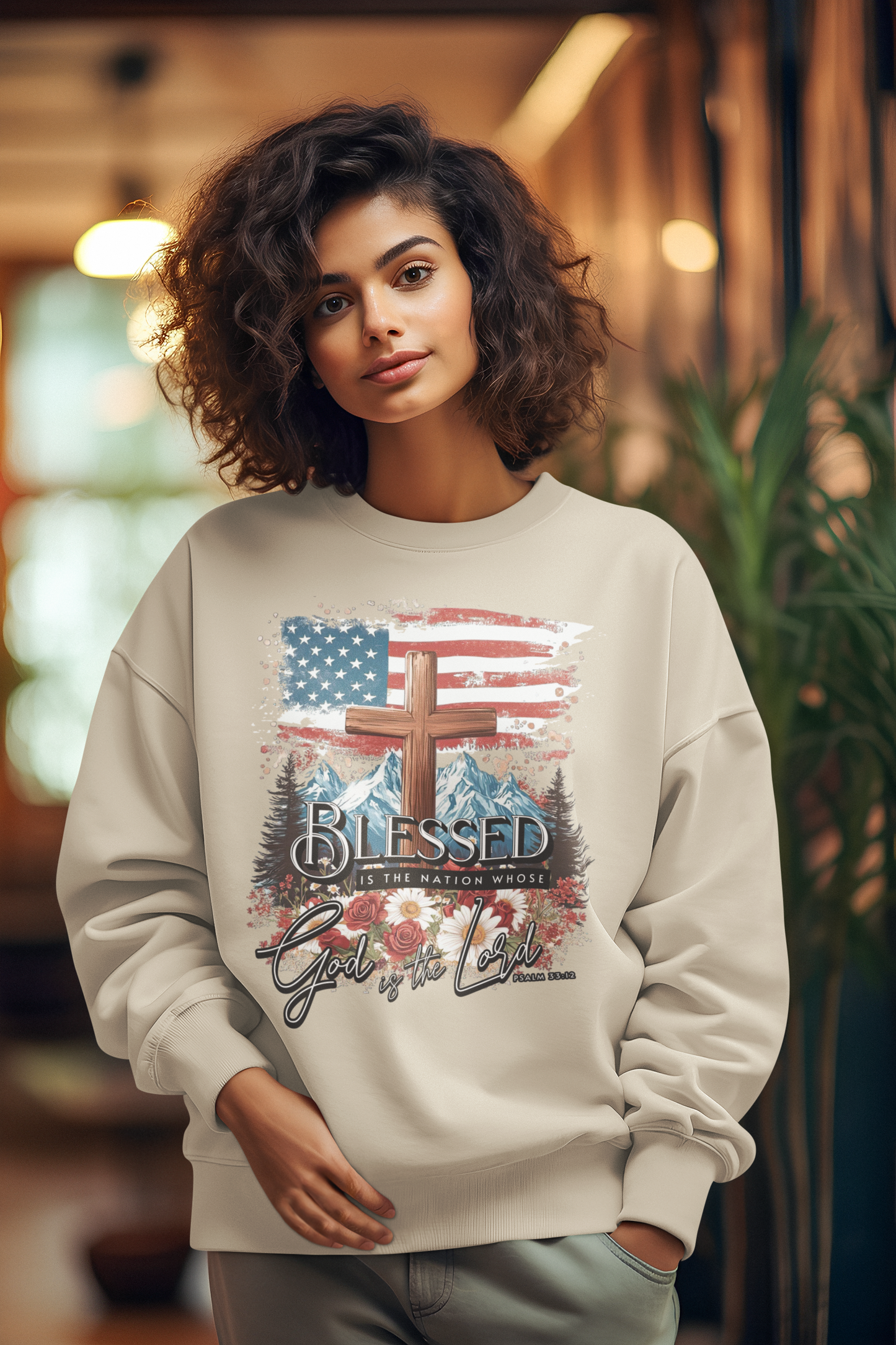 BLESSED IS THE NATION Heavy Weight Patriotic Christian Sweatshirt (S-5XL):  Women's Gildan 18000 - FREE SHIPPING
