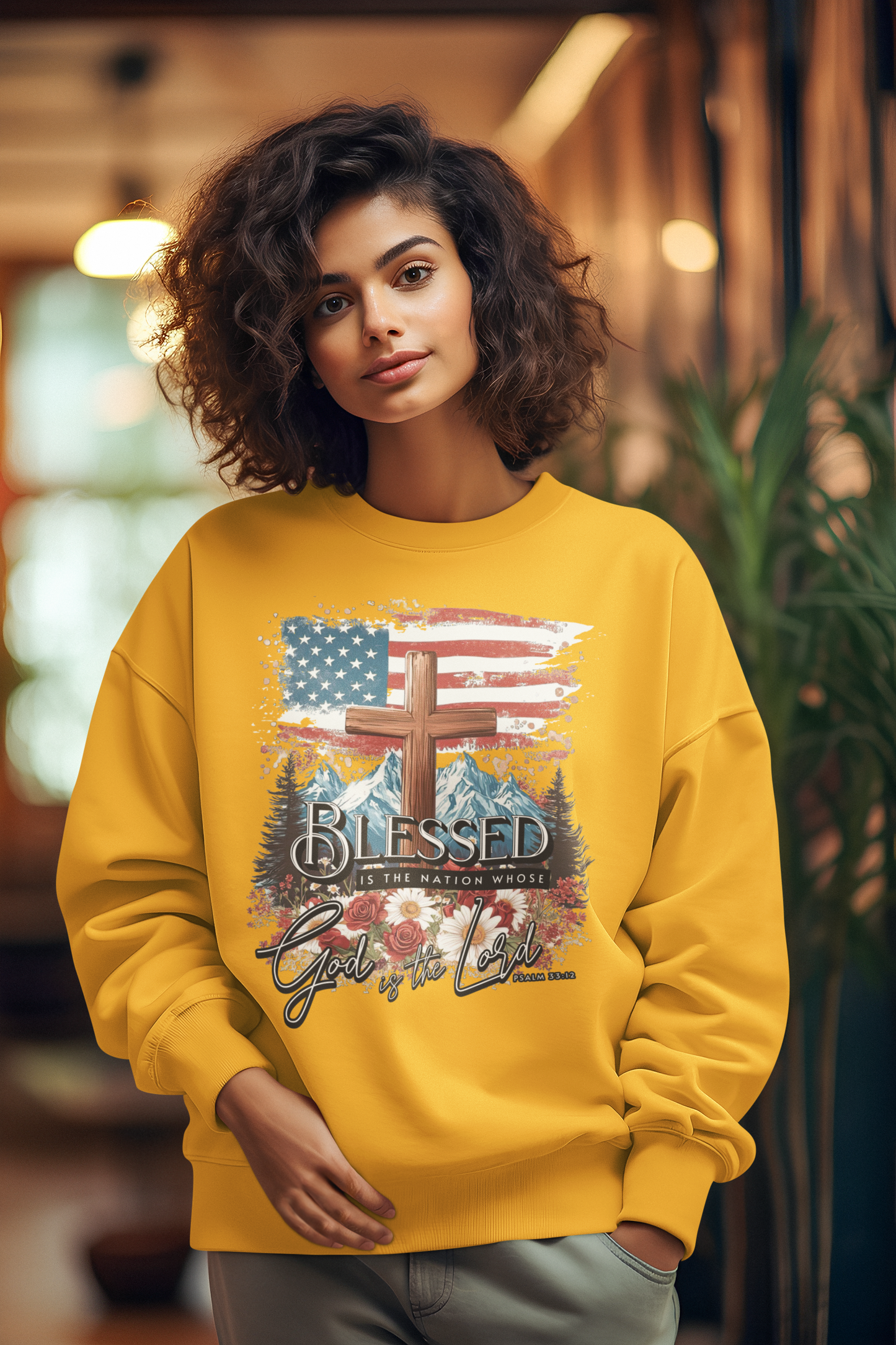 BLESSED IS THE NATION Heavy Weight Patriotic Christian Sweatshirt (S-5XL):  Women's Gildan 18000 - FREE SHIPPING