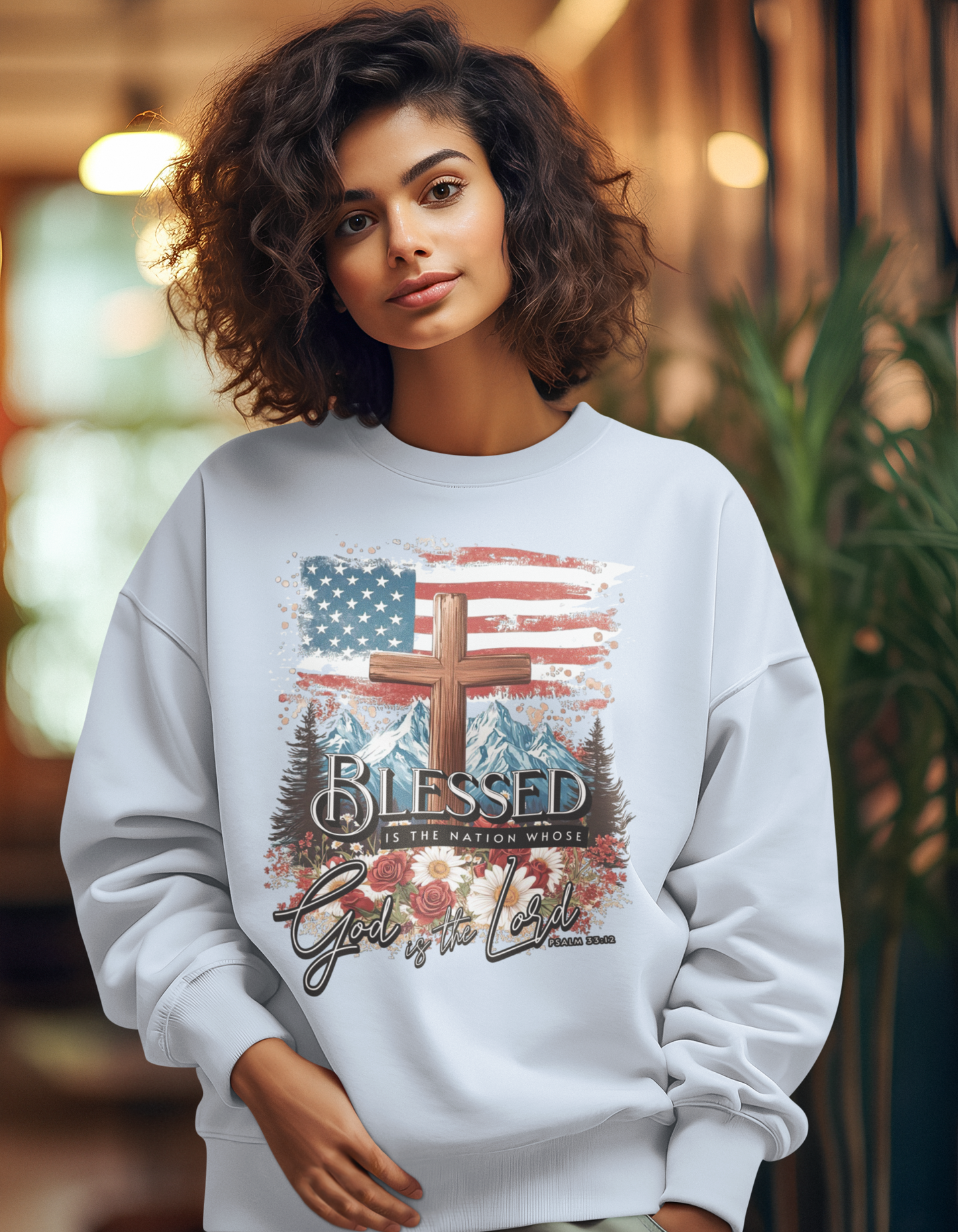 BLESSED IS THE NATION Heavy Weight Patriotic Christian Sweatshirt (S-5XL):  Women's Gildan 18000 - FREE SHIPPING