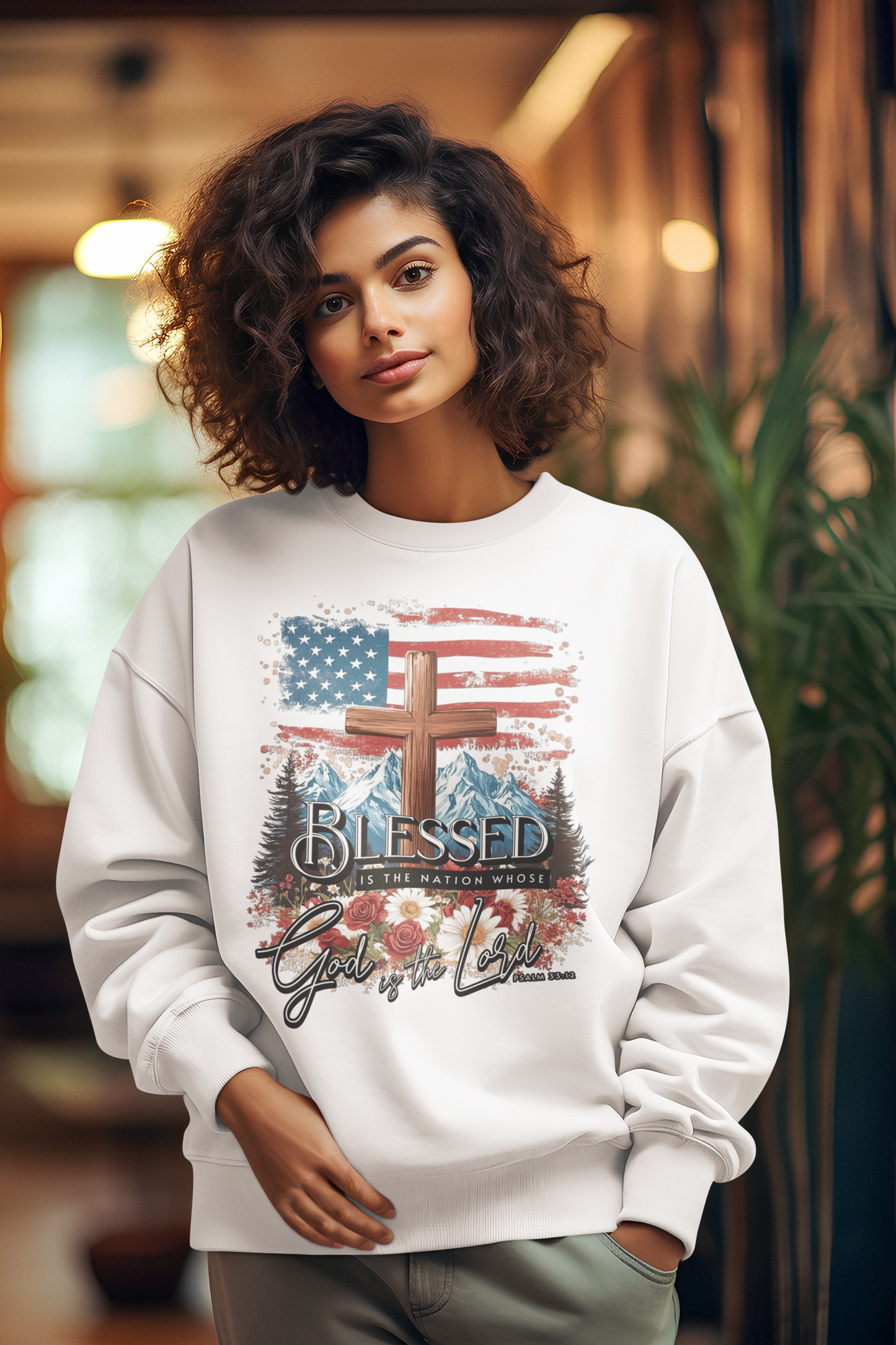 BLESSED IS THE NATION Heavy Weight Patriotic Christian Sweatshirt (S-5XL):  Women's Gildan 18000 - FREE SHIPPING