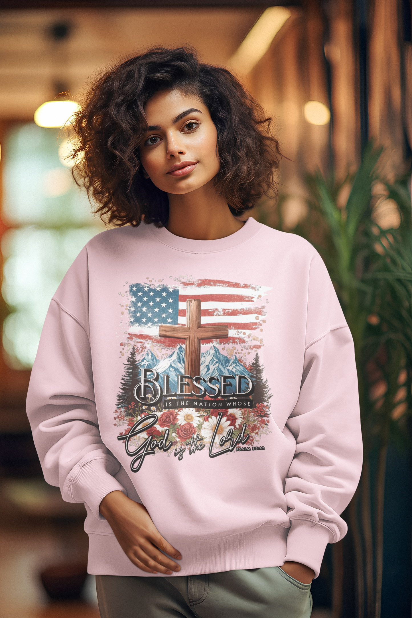BLESSED IS THE NATION Heavy Weight Patriotic Christian Sweatshirt (S-5XL):  Women's Gildan 18000 - FREE SHIPPING