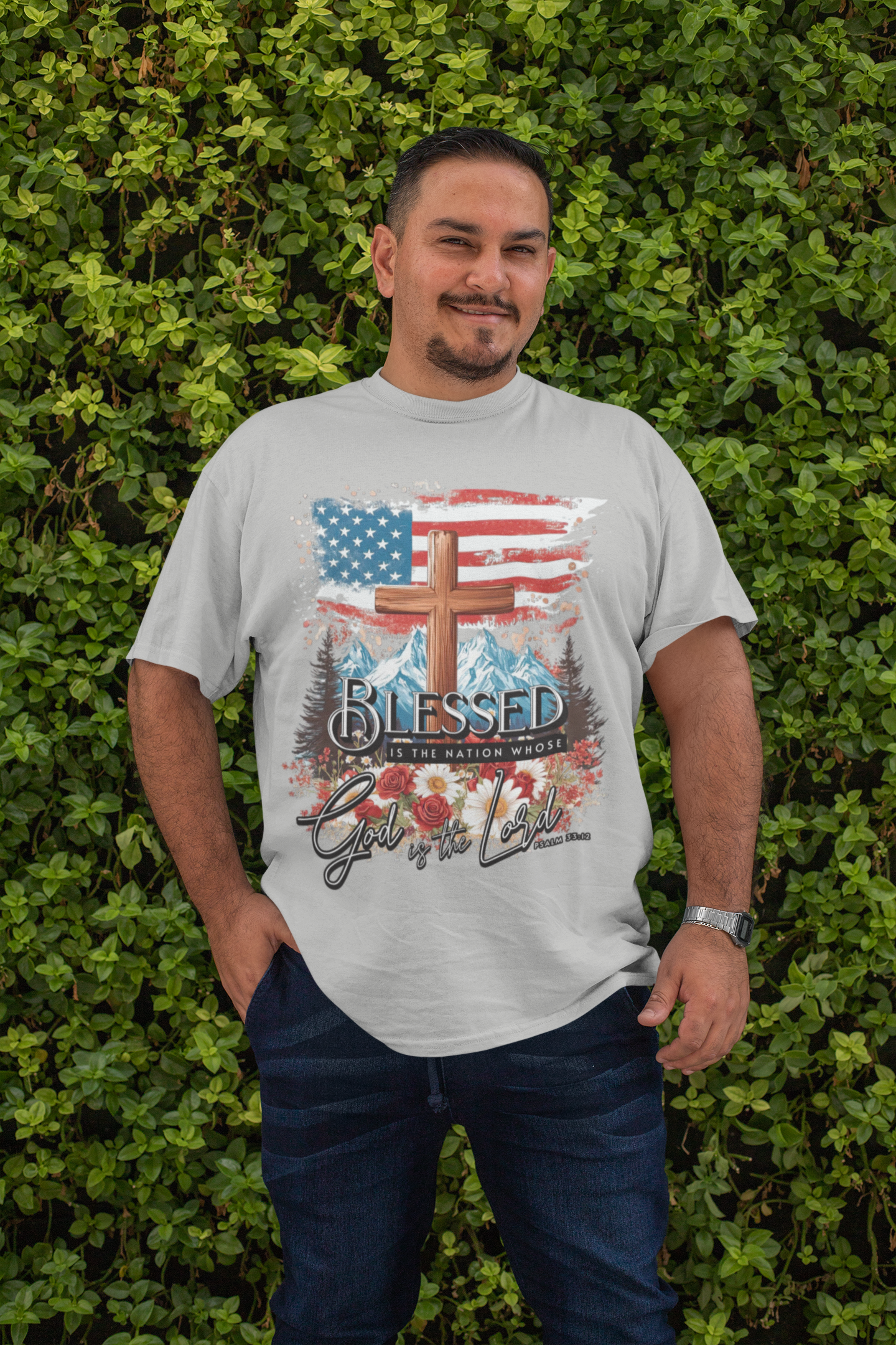 . BLESSED IS THE NATION Plus Size Heavy Weight Patriotic Christian T-Shirt (S-5XL):  Men's Hanes Beefy-T® - FREE SHIPPING
