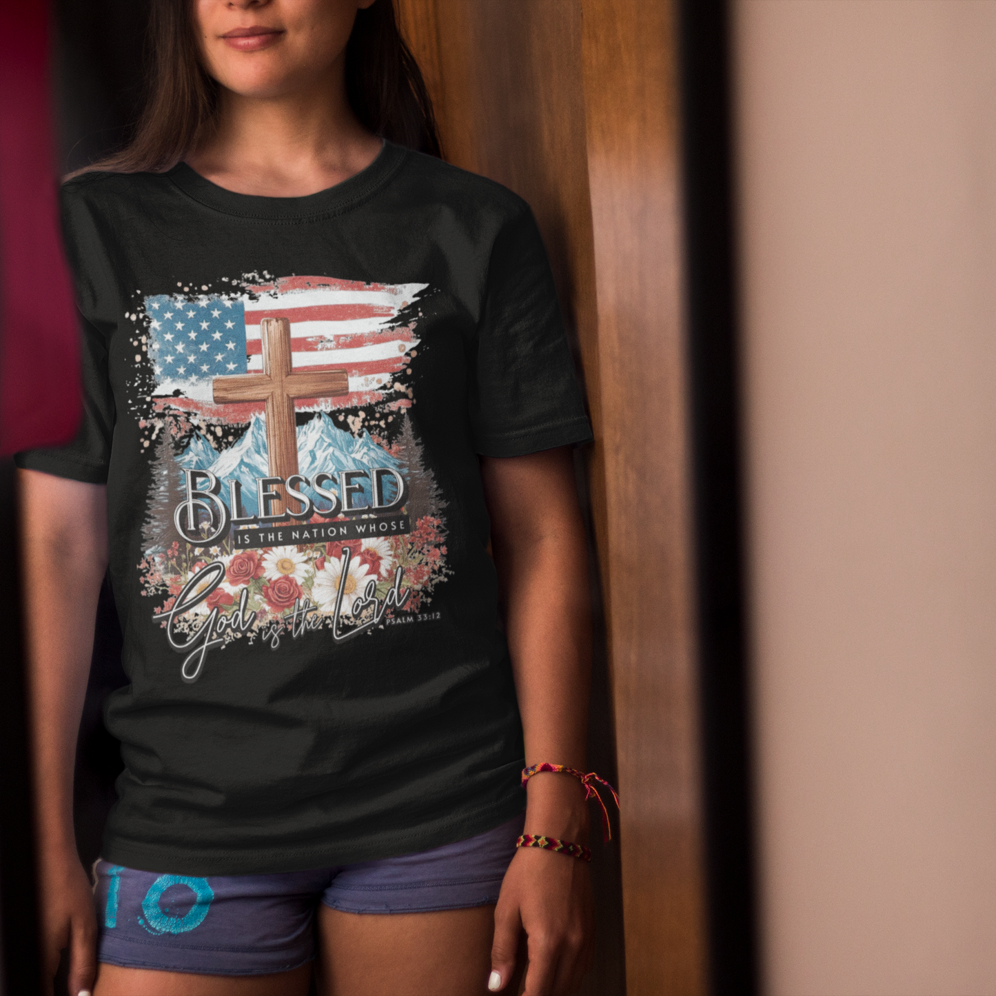 BLESSED IS THE NATION Classic Patriotic Christian T-Shirt (S-5XL):  Women's Medium Weight Gildan 5000 - FREE SHIPPING