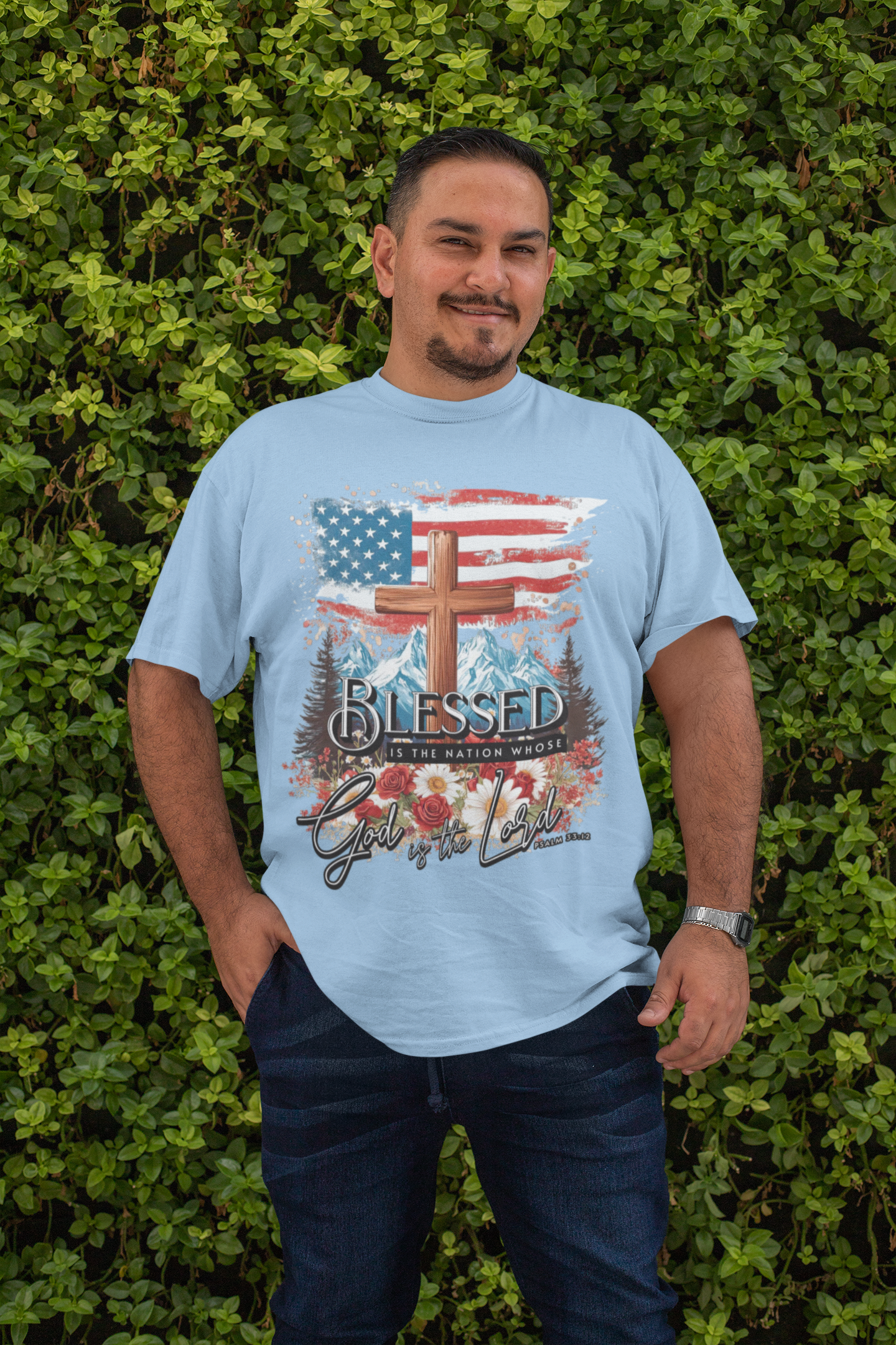. BLESSED IS THE NATION Plus Size Heavy Weight Patriotic Christian T-Shirt (S-5XL):  Men's Hanes Beefy-T® - FREE SHIPPING