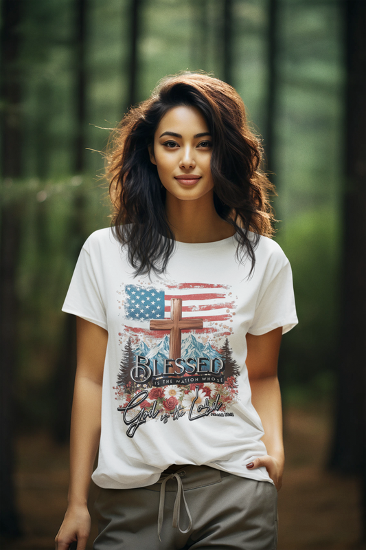 BLESSED IS THE NATION Semi-Fitted Patriotic Christian T-Shirt (S-3XL):  Women's Gildan 5000L - FREE SHIPPING