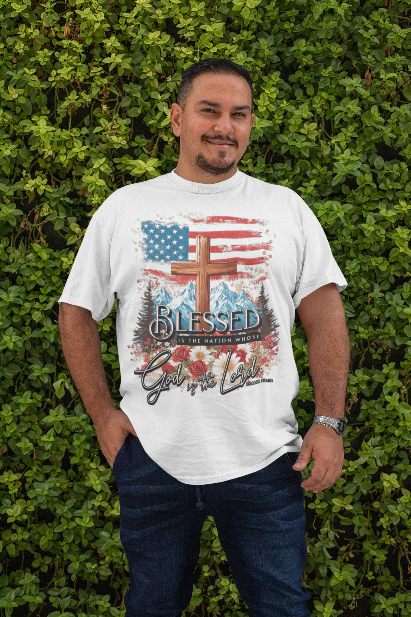 . BLESSED IS THE NATION Plus Size Heavy Weight Patriotic Christian T-Shirt (S-5XL):  Men's Hanes Beefy-T® - FREE SHIPPING