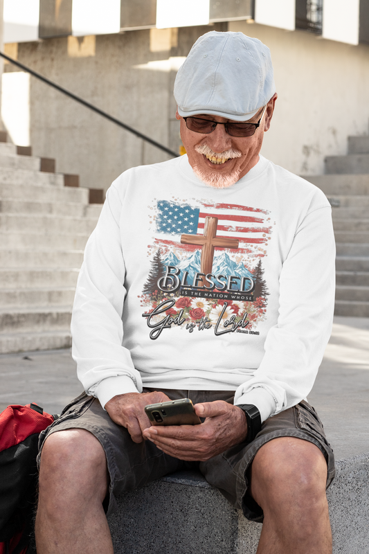 . BLESSED IS THE NATION Heavy Weight Patriotic Christian Long Sleeve T-Shirt (S-2XL):  Men's Gildan 2400 - FREE SHIPPING