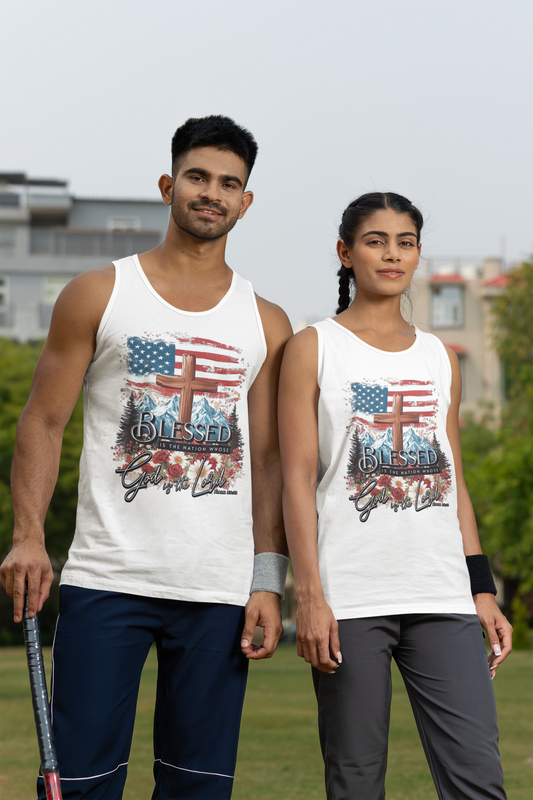 BLESSED IS THE NATION Medium Weight Patriotic Christian Tank Top (S-2XL):  Men's & Women's 5200 - FREE SHIPPING