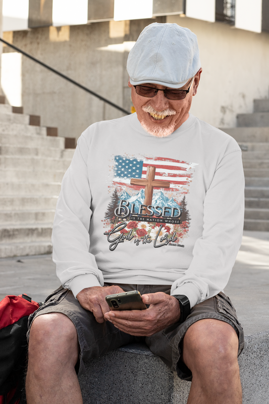 . BLESSED IS THE NATION Heavy Weight Patriotic Christian Long Sleeve T-Shirt (S-2XL):  Men's Gildan 2400 - FREE SHIPPING