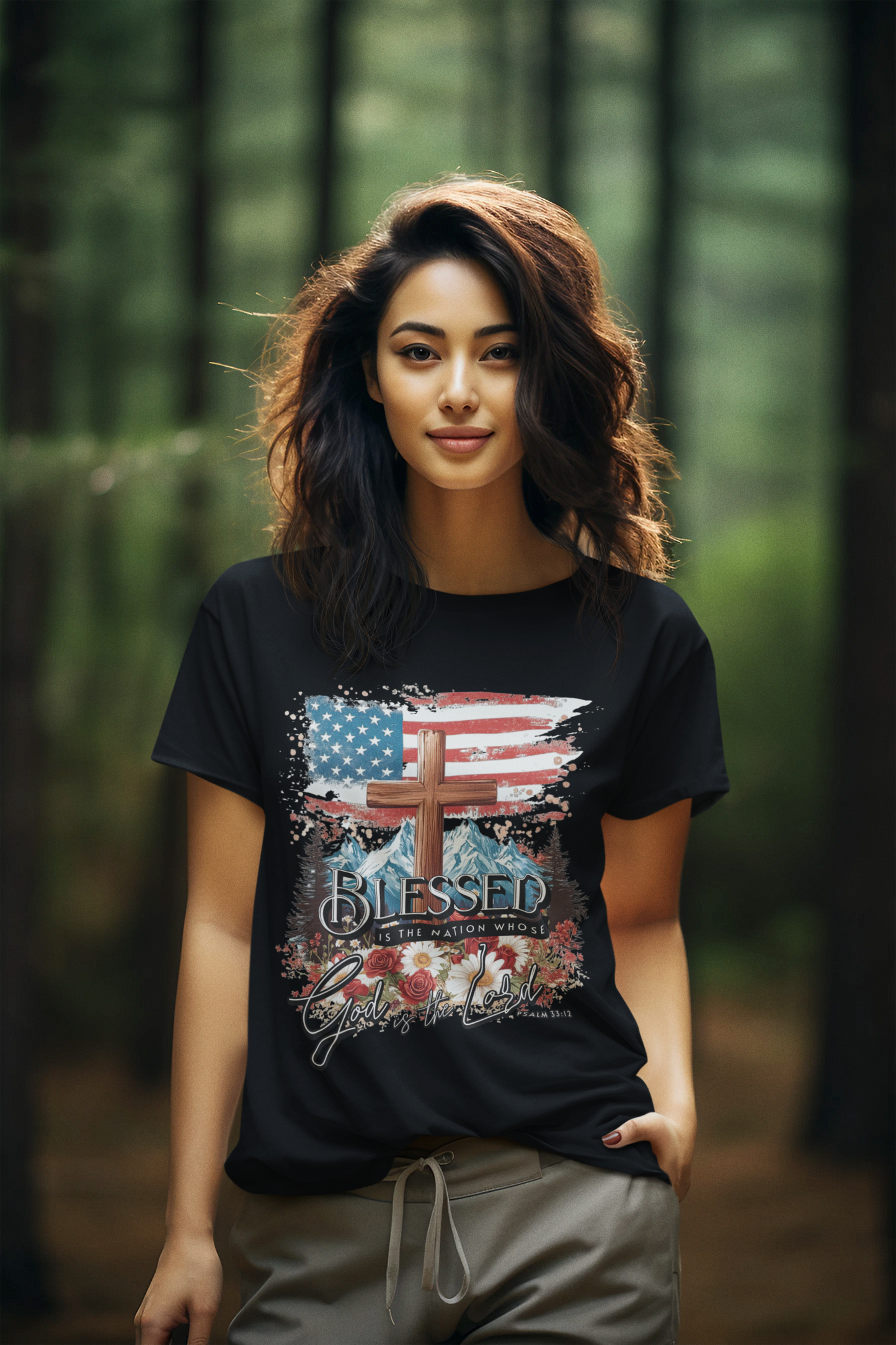 BLESSED IS THE NATION Semi-Fitted Patriotic Christian T-Shirt (S-3XL):  Women's Gildan 5000L - FREE SHIPPING