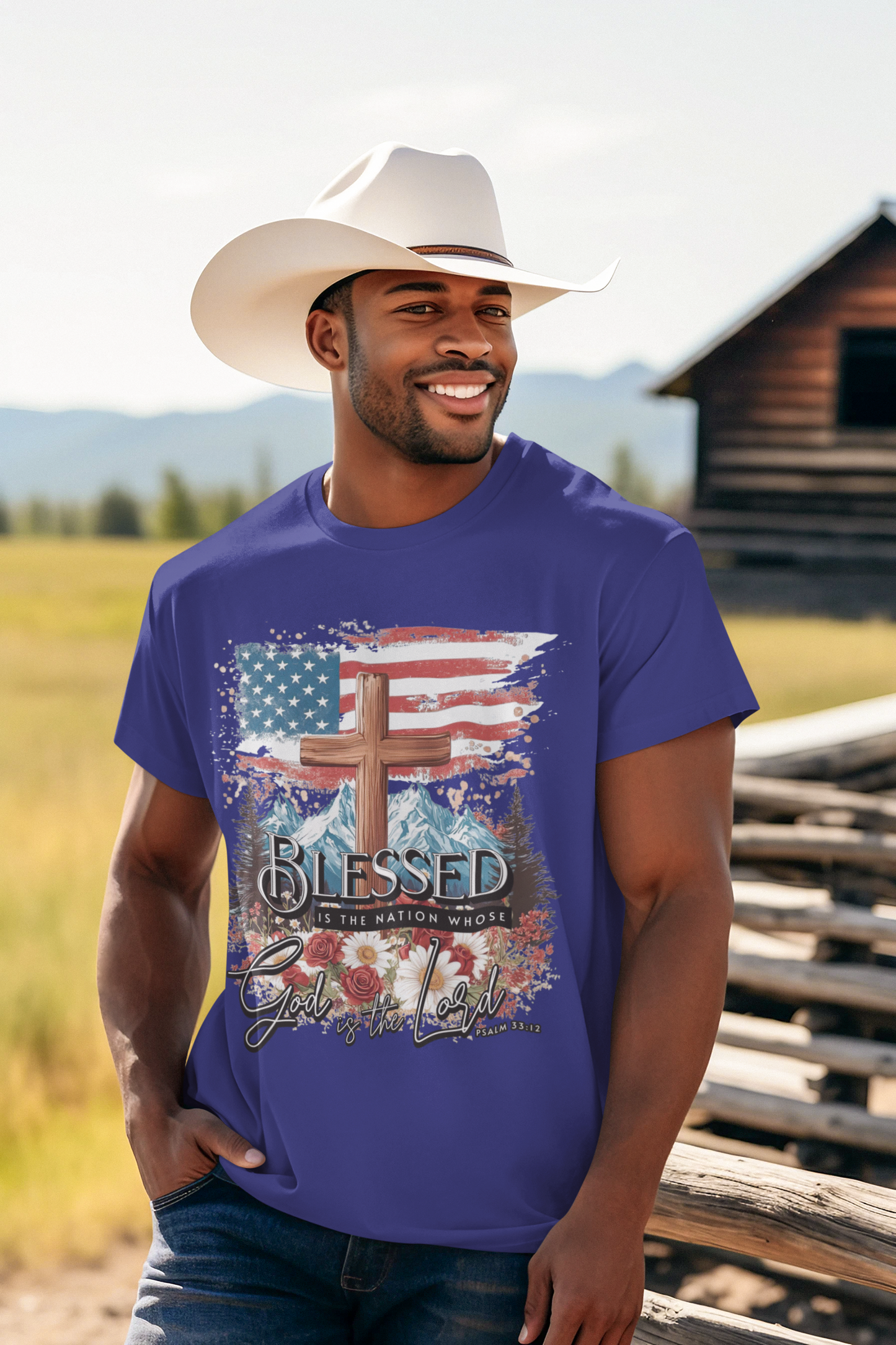 BLESSED IS THE NATION Patriotic Christian T-Shirt (S-5XL):  Men's Medium Weight Gildan 5000 - FREE SHIPPING