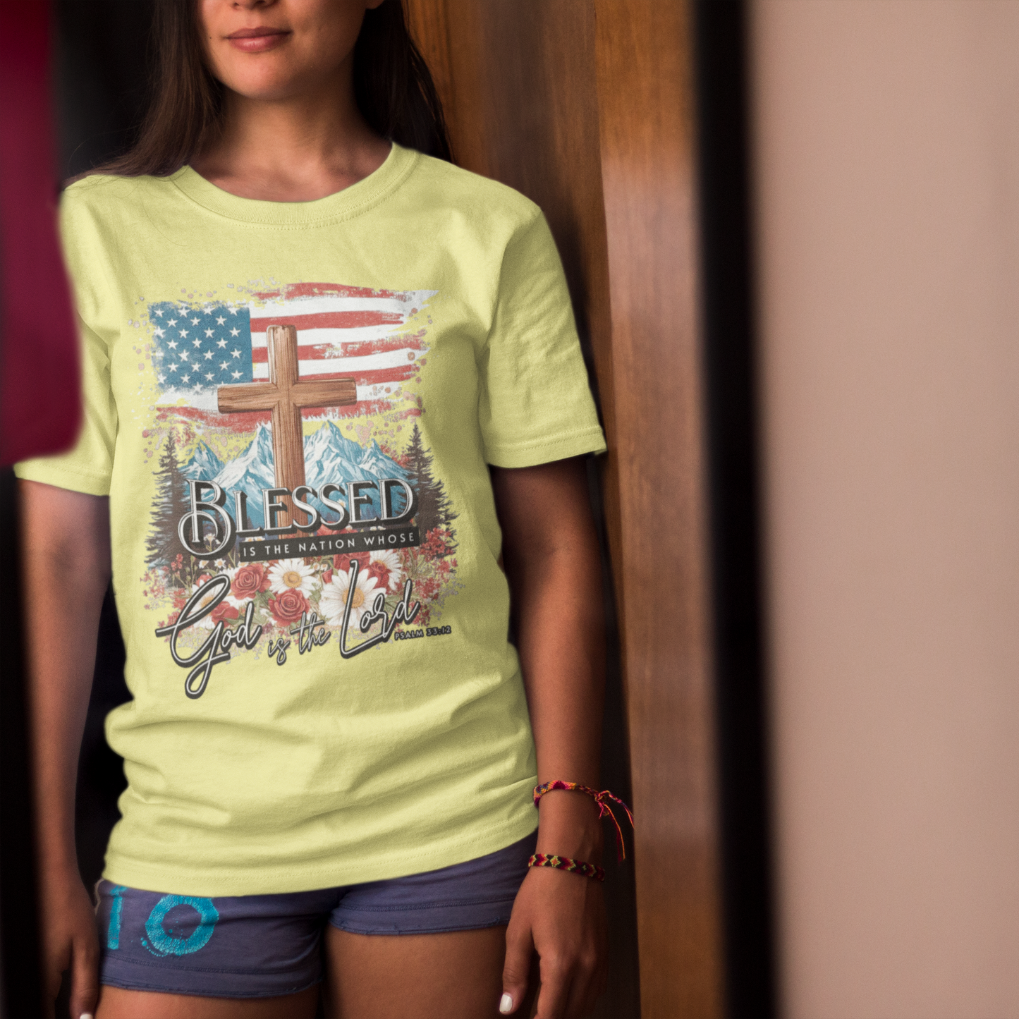 BLESSED IS THE NATION Classic Patriotic Christian T-Shirt (S-5XL):  Women's Medium Weight Gildan 5000 - FREE SHIPPING