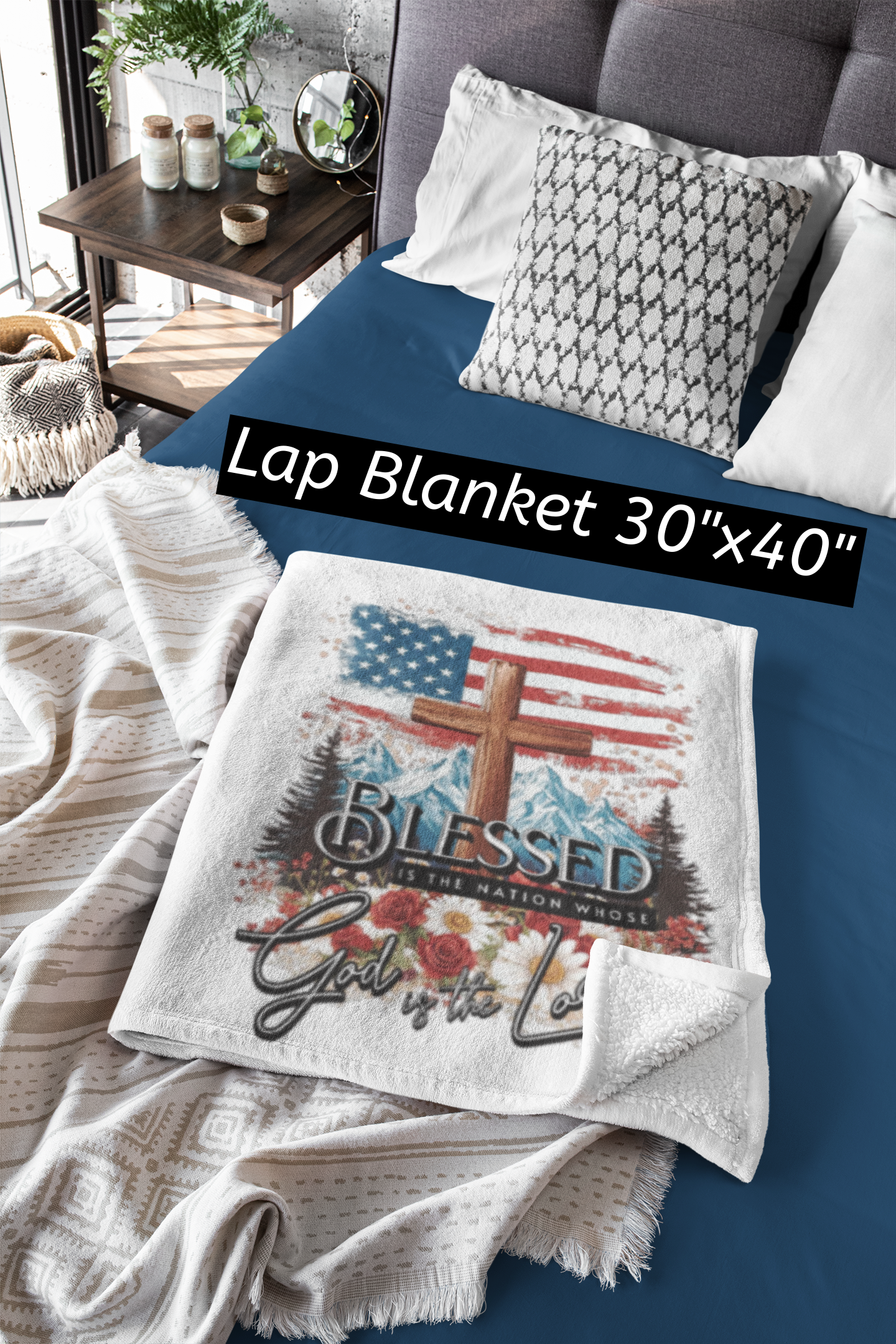 BLESSED IS THE NATION Light Weight Patriotic Christian Velveteen Plush Blanket (3 sizes available) - FREE SHIPPING