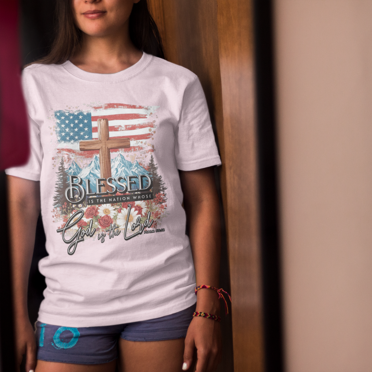 BLESSED IS THE NATION Classic Patriotic Christian T-Shirt (S-5XL):  Women's Medium Weight Gildan 5000 - FREE SHIPPING