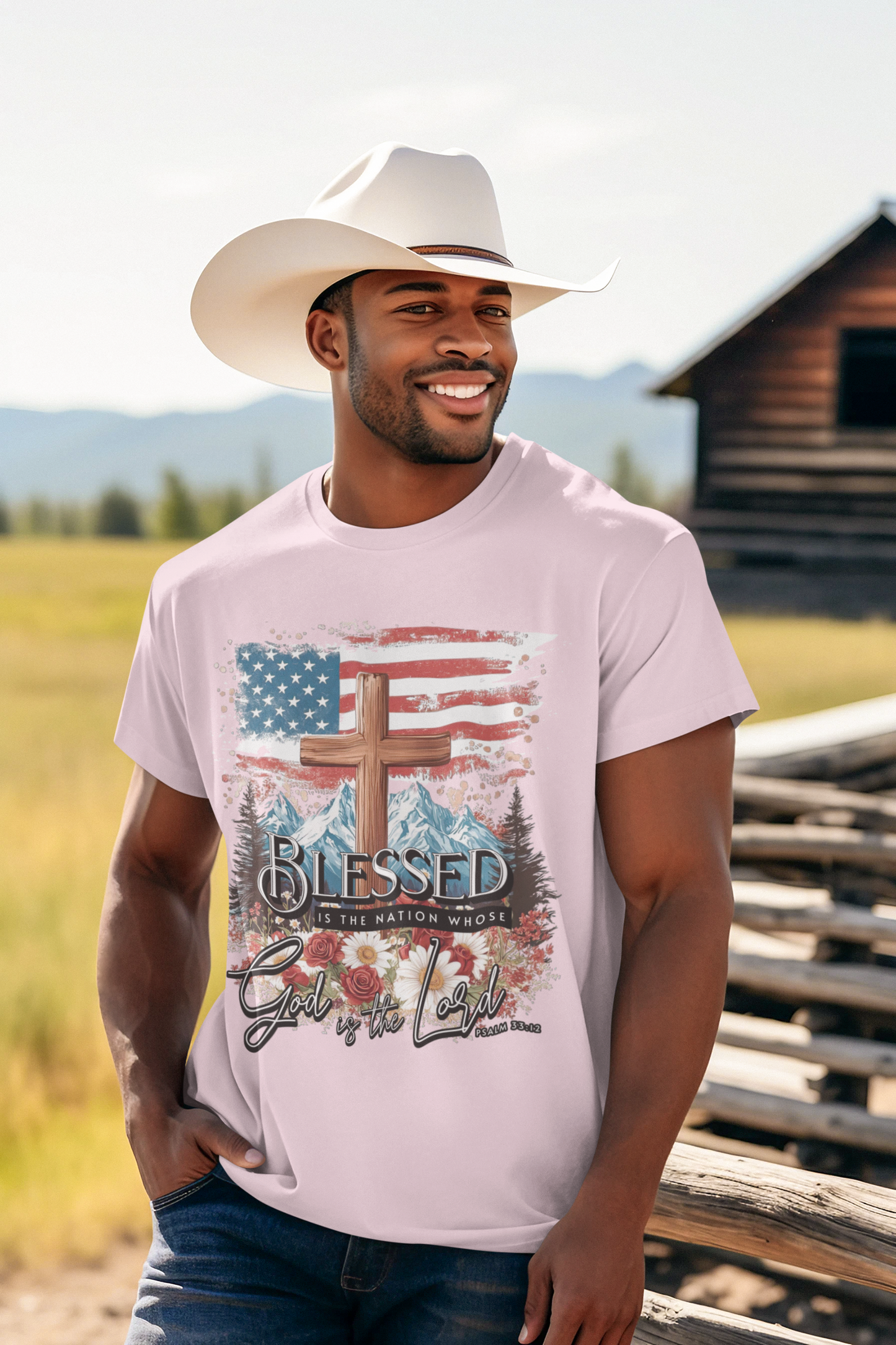 BLESSED IS THE NATION Patriotic Christian T-Shirt (S-5XL):  Men's Medium Weight Gildan 5000 - FREE SHIPPING
