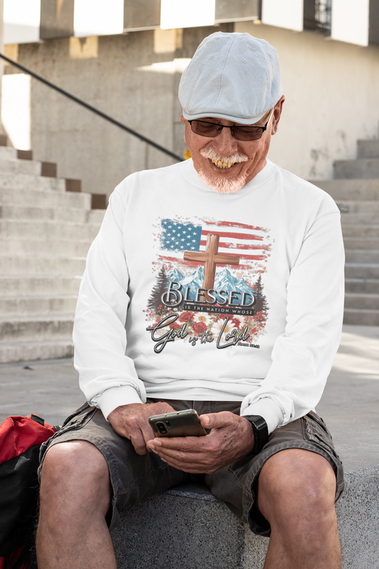 . BLESSED IS THE NATION Heavy Weight Patriotic Christian Long Sleeve T-Shirt (S-2XL):  Men's Gildan 2400 - FREE SHIPPING