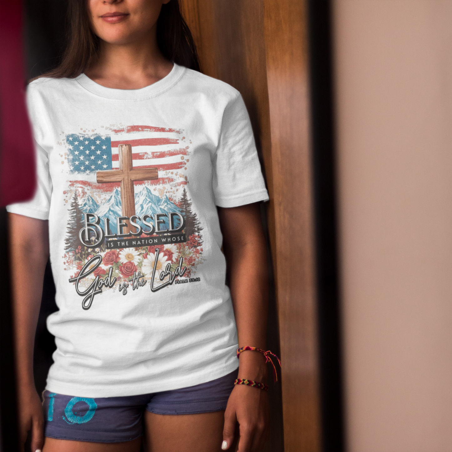 BLESSED IS THE NATION Classic Patriotic Christian T-Shirt (S-5XL):  Women's Medium Weight Gildan 5000 - FREE SHIPPING