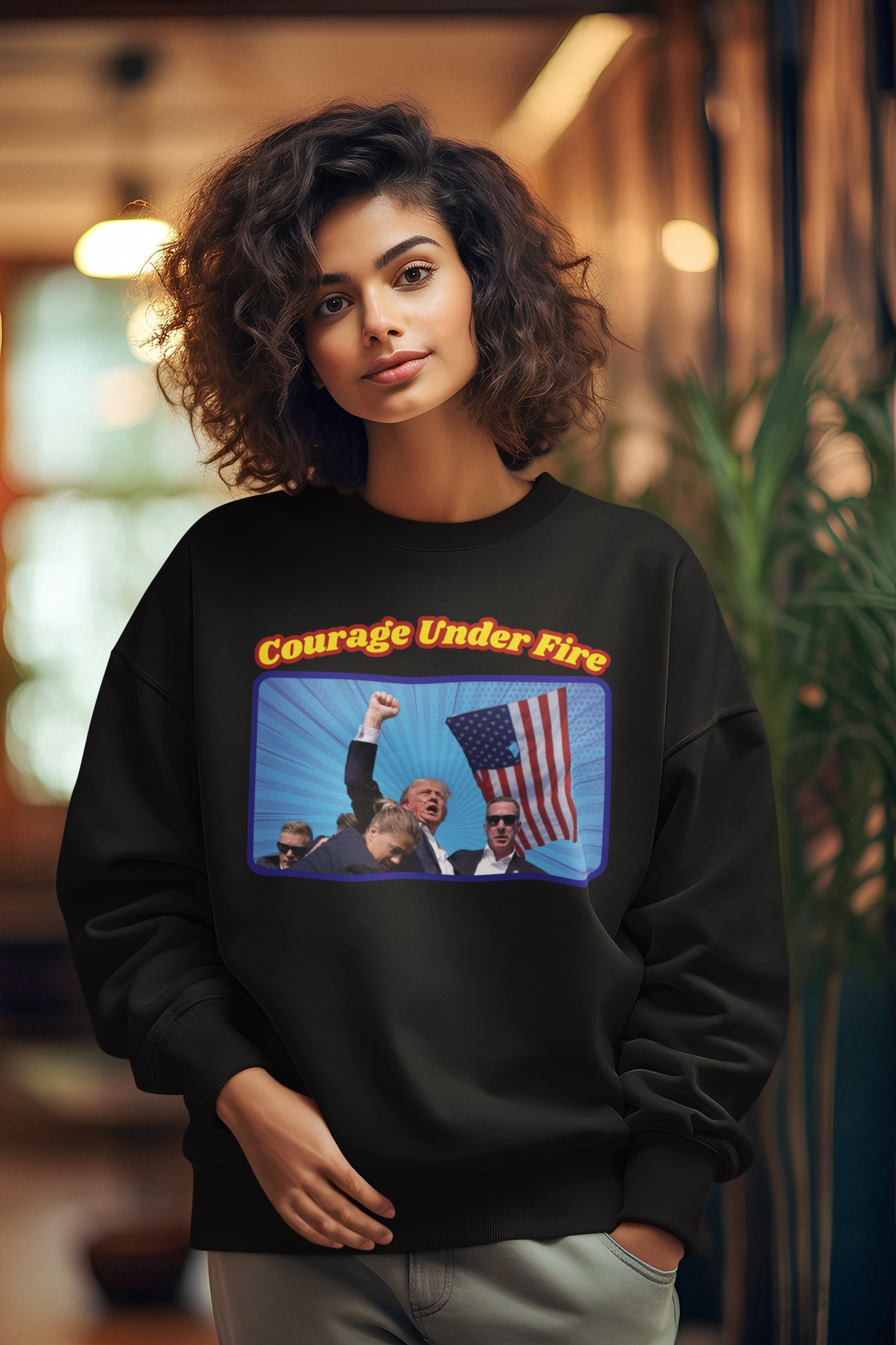 COURAGE UNDER FIRE Trump Assassination Heavy Weight Patriotic Sweatshirt (S-5XL):  Women's Gildan 18000 - FREE SHIPPING