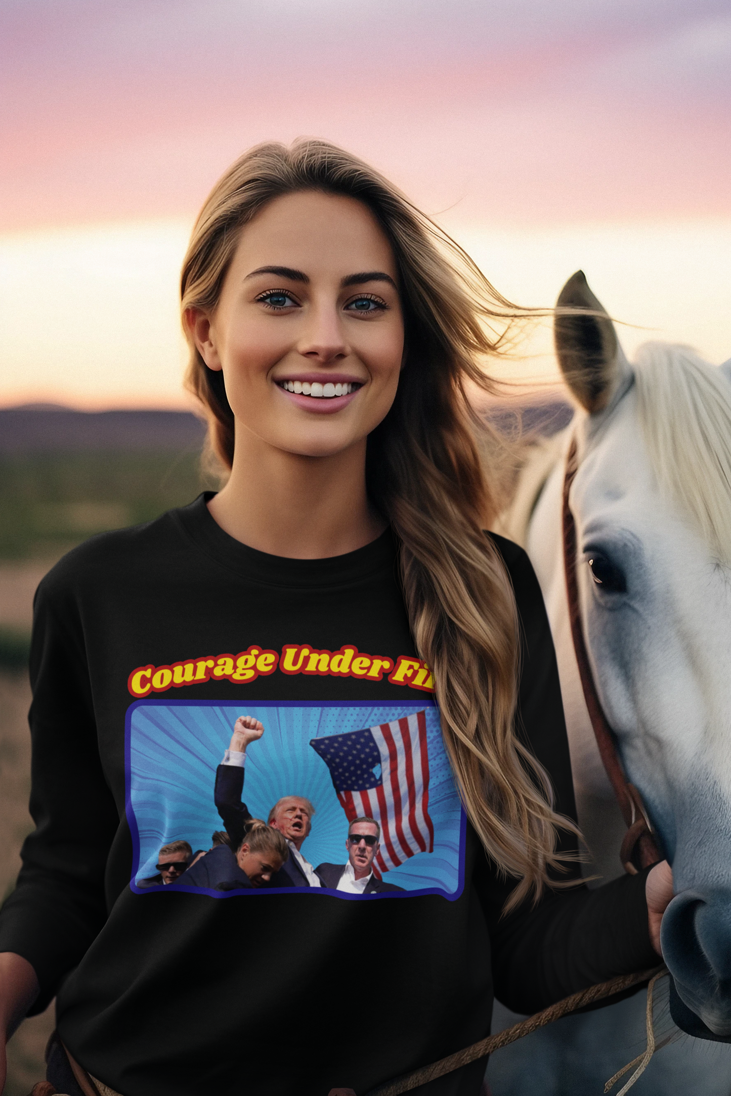 COURAGE UNDER FIRE Trump Assassination Heavy Weight Patriotic Long Sleeve T-Shirt (S-2XL):  Women's Gildan 2400 - FREE SHIPPING
