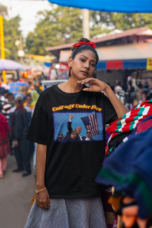 . COURAGE UNDER FIRE Trump Assassination Plus Size Heavy Weight Patriotic T-Shirt (S-5XL):  Women's Hanes Beefy-T® - FREE SHIPPING