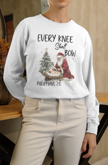 EVERY KNEE SHALL BOW Heavy Weight Christmas Long Sleeve T-Shirt (S-2XL):  Women's Gildan 2400 - FREE SHIPPING