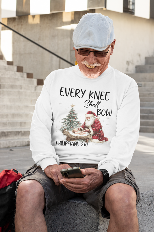 EVERY KNEE SHALL BOW Heavy Weight Christmas Long Sleeve T-Shirt (S-2XL):  Men's Gildan 2400 - FREE SHIPPING