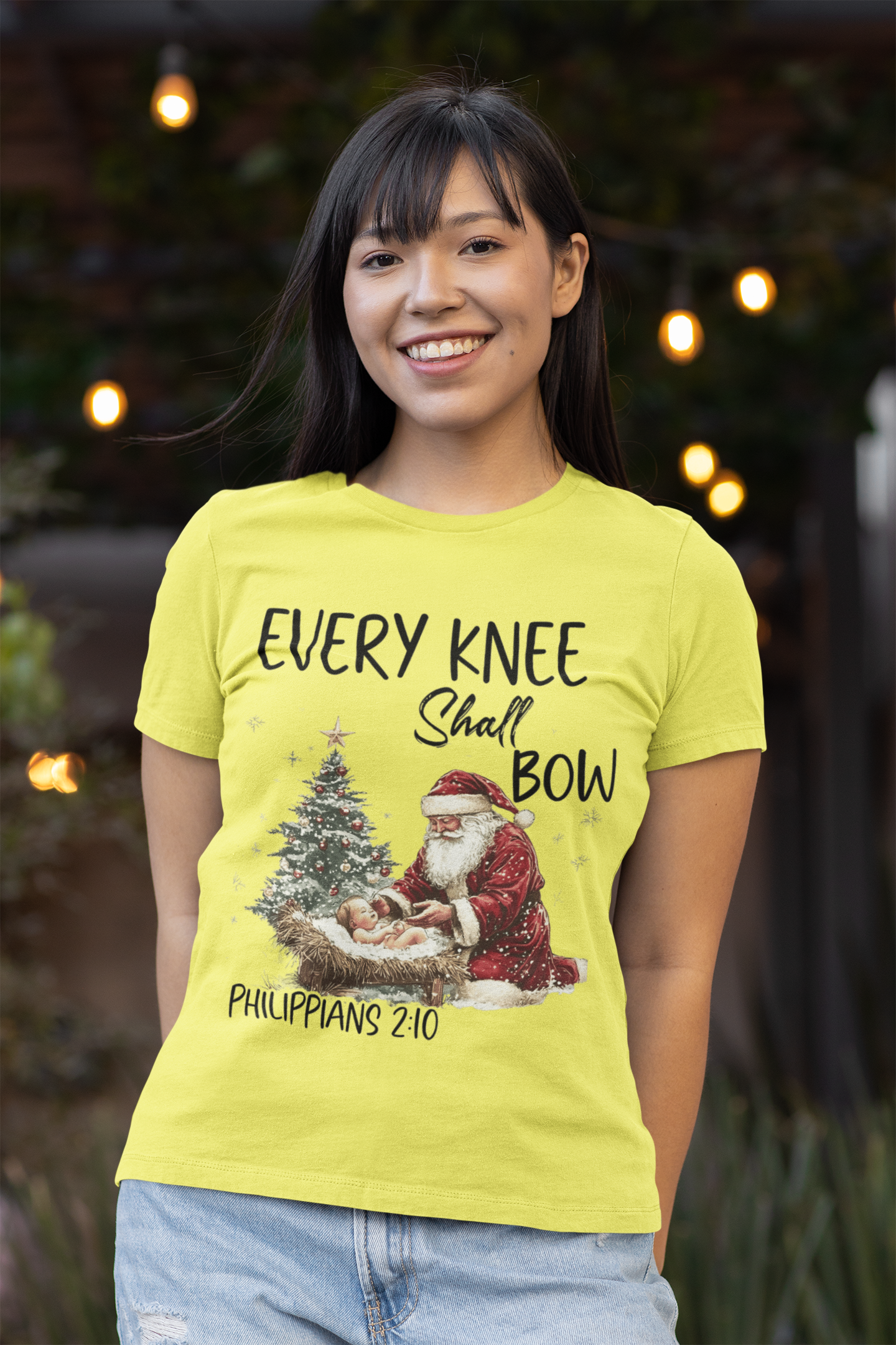 EVERY KNEE SHALL BOW Fitted Christmas T-Shirt (S-2XL):  Women's Bella+Canvas 6004 - FREE SHIPPING