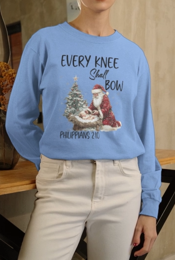 EVERY KNEE SHALL BOW Heavy Weight Christmas Long Sleeve T-Shirt (S-2XL):  Women's Gildan 2400 - FREE SHIPPING