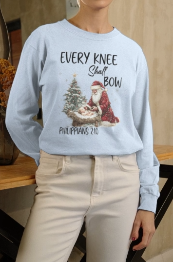 EVERY KNEE SHALL BOW Heavy Weight Christmas Long Sleeve T-Shirt (S-2XL):  Women's Gildan 2400 - FREE SHIPPING