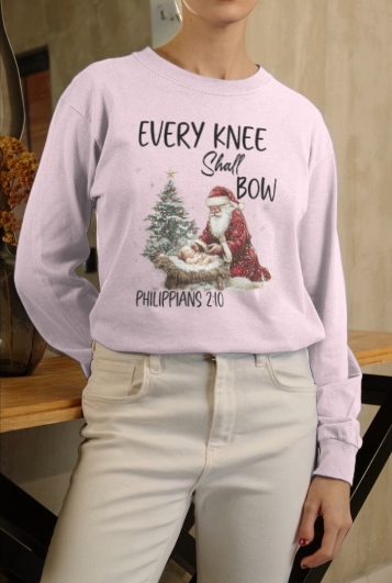 EVERY KNEE SHALL BOW Heavy Weight Christmas Long Sleeve T-Shirt (S-2XL):  Women's Gildan 2400 - FREE SHIPPING