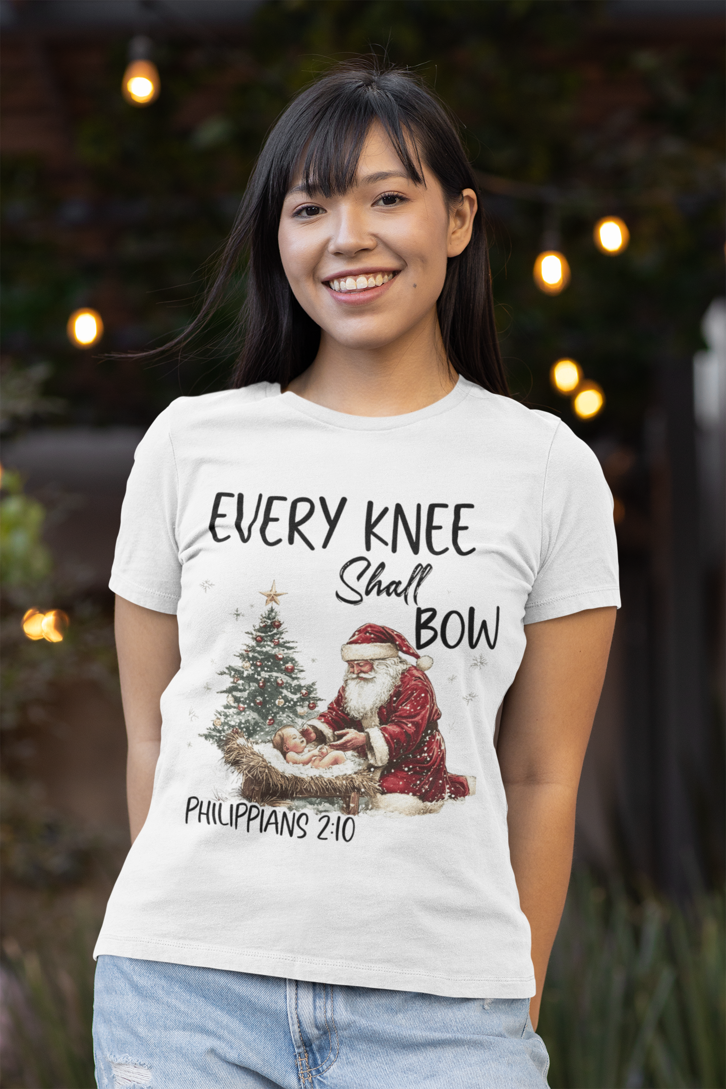 EVERY KNEE SHALL BOW Fitted Christmas T-Shirt (S-2XL):  Women's Bella+Canvas 6004 - FREE SHIPPING