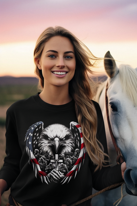 FOR GOD & COUNTRY Heavy Weight Patriotic Christian Long Sleeve T-Shirt (S-2XL):  Women's Gildan 2400 - FREE SHIPPING