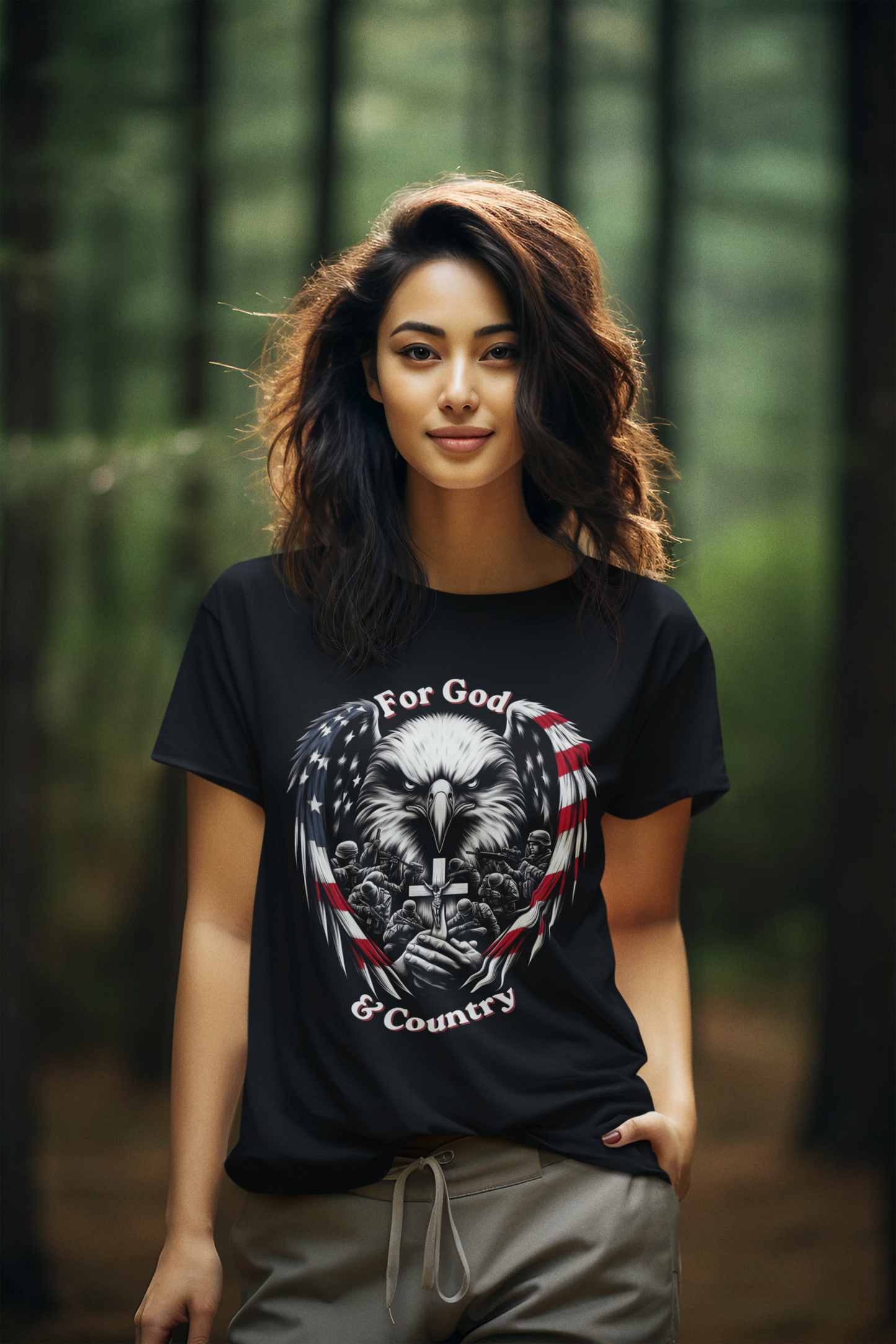 FOR GOD & COUNTRY Semi-Fitted Patriotic Christian T-Shirt (S-3XL):  Women's Gildan 5000L - FREE SHIPPING