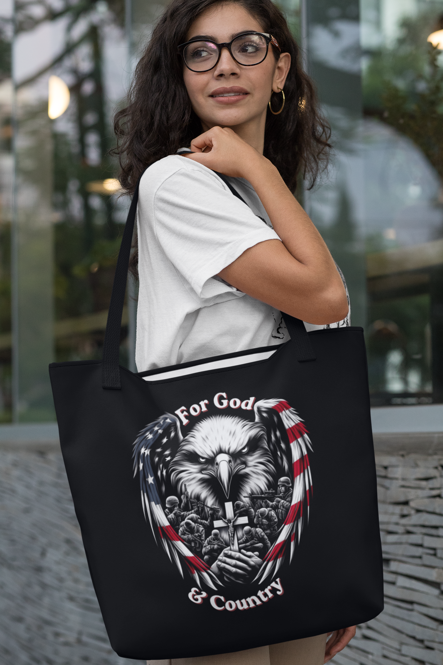 FOR GOD & COUNTRY Patriotic Christian 100% Polyester Tote Bag (3 sizes) - FREE SHIPPING