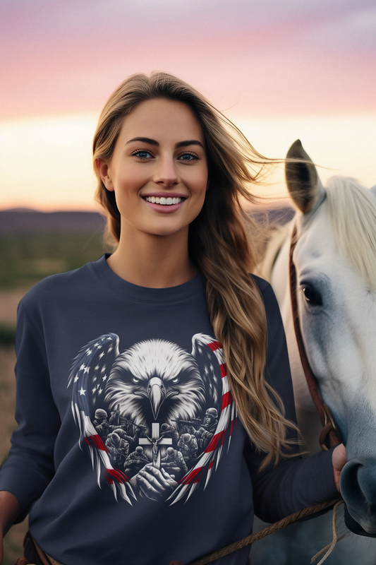 FOR GOD & COUNTRY Heavy Weight Patriotic Christian Long Sleeve T-Shirt (S-2XL):  Women's Gildan 2400 - FREE SHIPPING