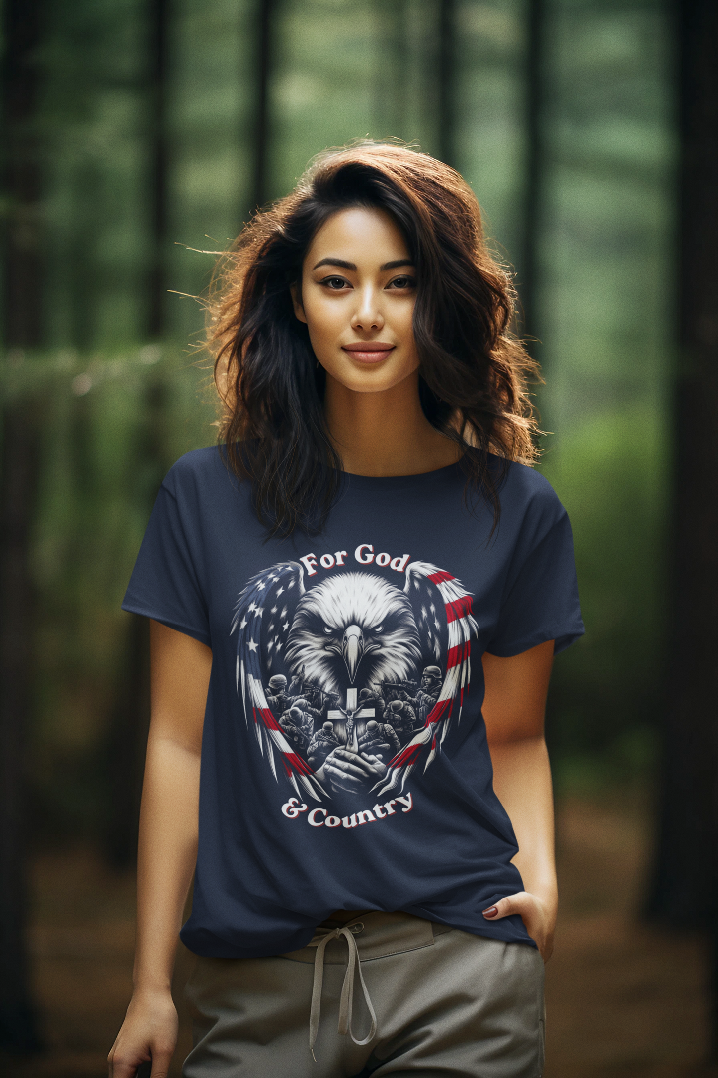 FOR GOD & COUNTRY Semi-Fitted Patriotic Christian T-Shirt (S-3XL):  Women's Gildan 5000L - FREE SHIPPING