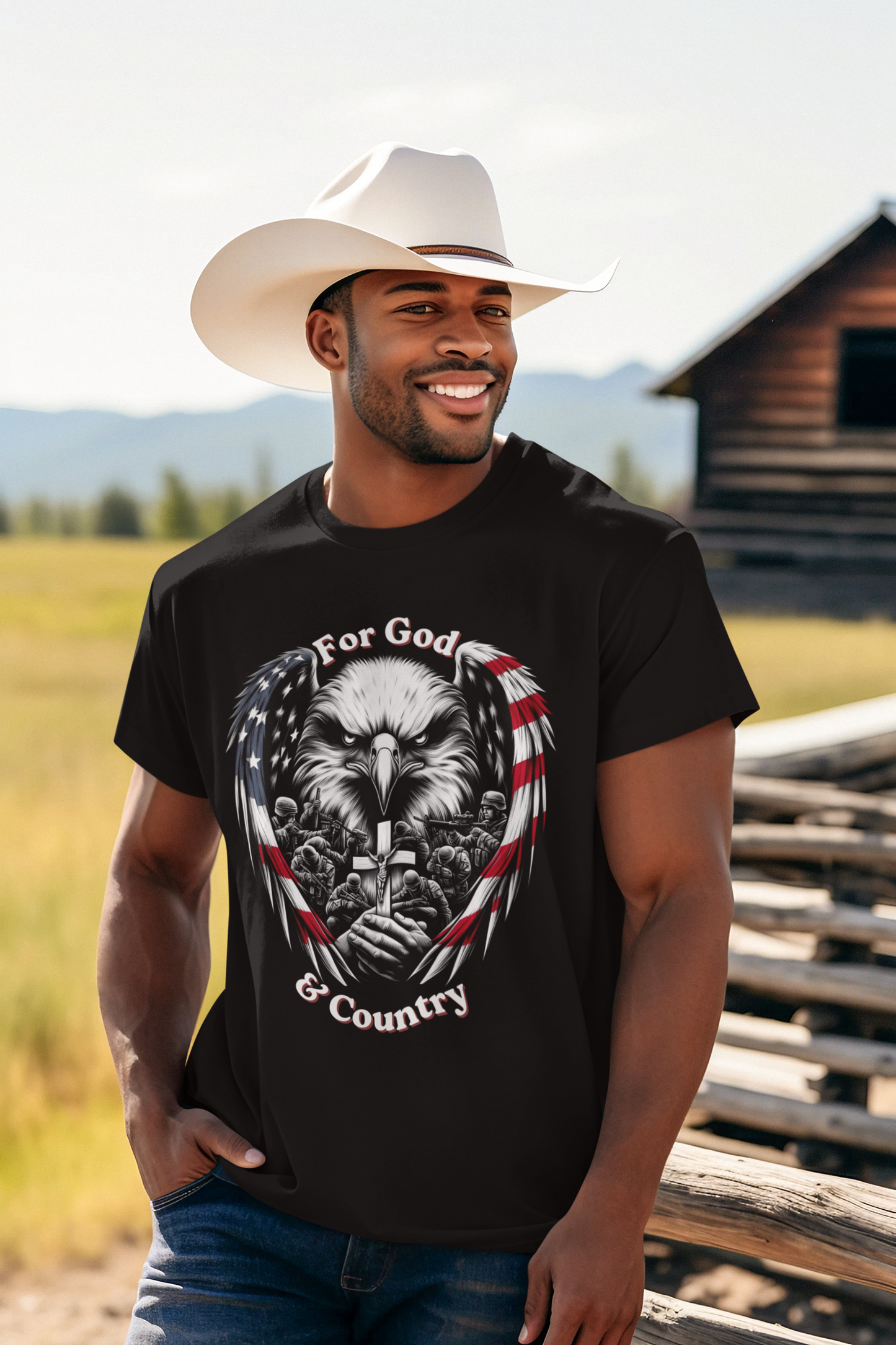 FOR GOD & COUNTRY Patriotic Christian T-Shirt (S-5XL):  Men's Medium Weight Gildan 5000 - FREE SHIPPING