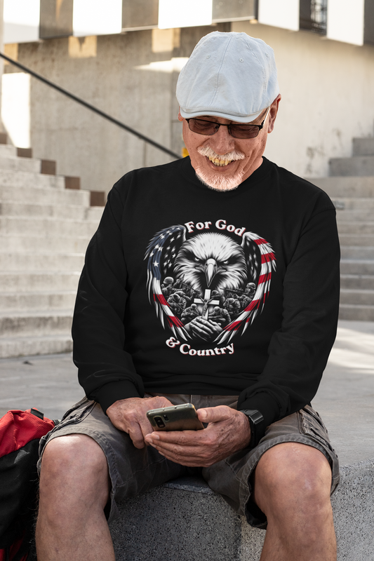 . FOR GOD & COUNTRY Heavy Weight Patriotic Christian Long Sleeve T-Shirt (S-2XL):  Men's Gildan 2400 - FREE SHIPPING