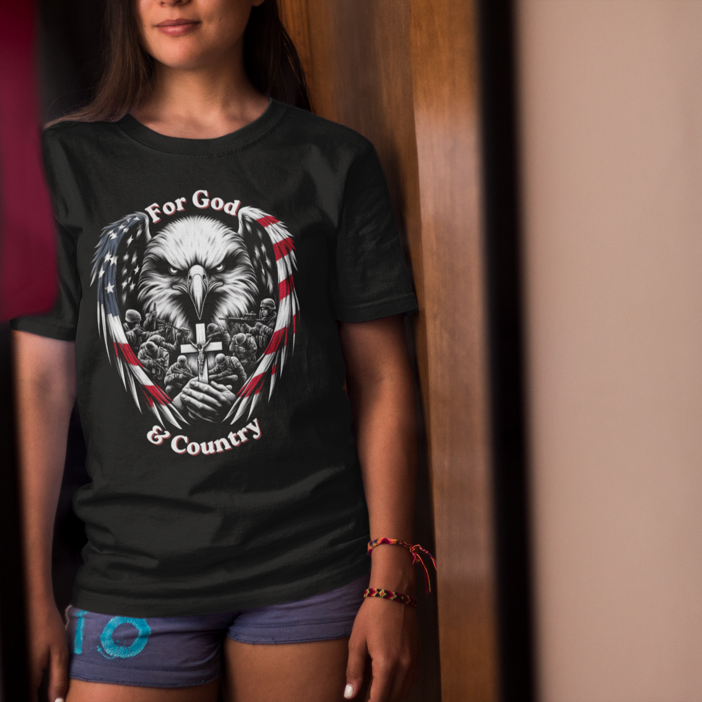 FOR GOD & COUNTRY Classic Patriotic Christian T-Shirt (S-5XL):  Women's Medium Weight Gildan 5000 - FREE SHIPPING