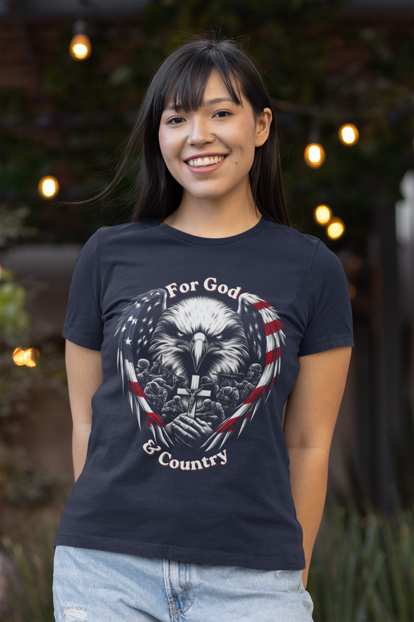FOR GOD & COUNTRY Fitted Patriotic Christian T-Shirt (S-2XL):  Women's Bella+Canvas 6004 - FREE SHIPPING