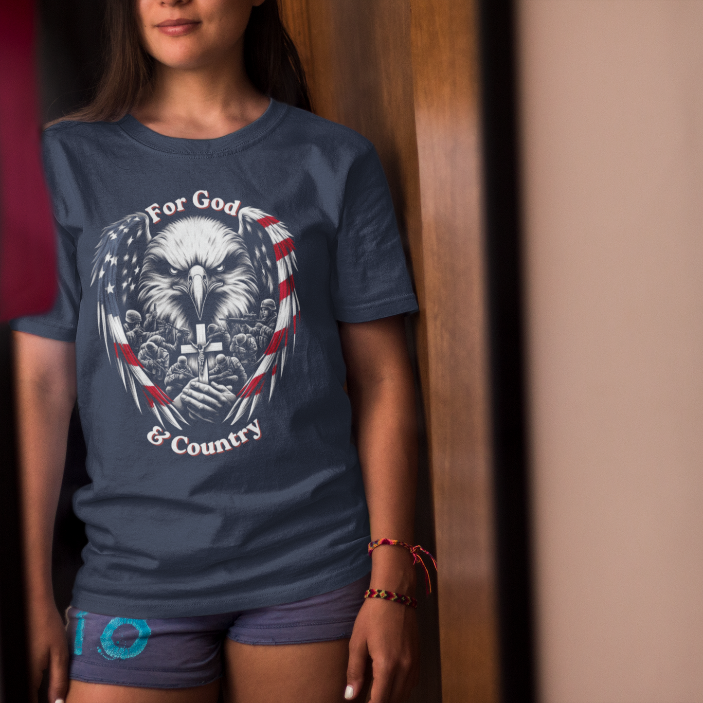 FOR GOD & COUNTRY Classic Patriotic Christian T-Shirt (S-5XL):  Women's Medium Weight Gildan 5000 - FREE SHIPPING