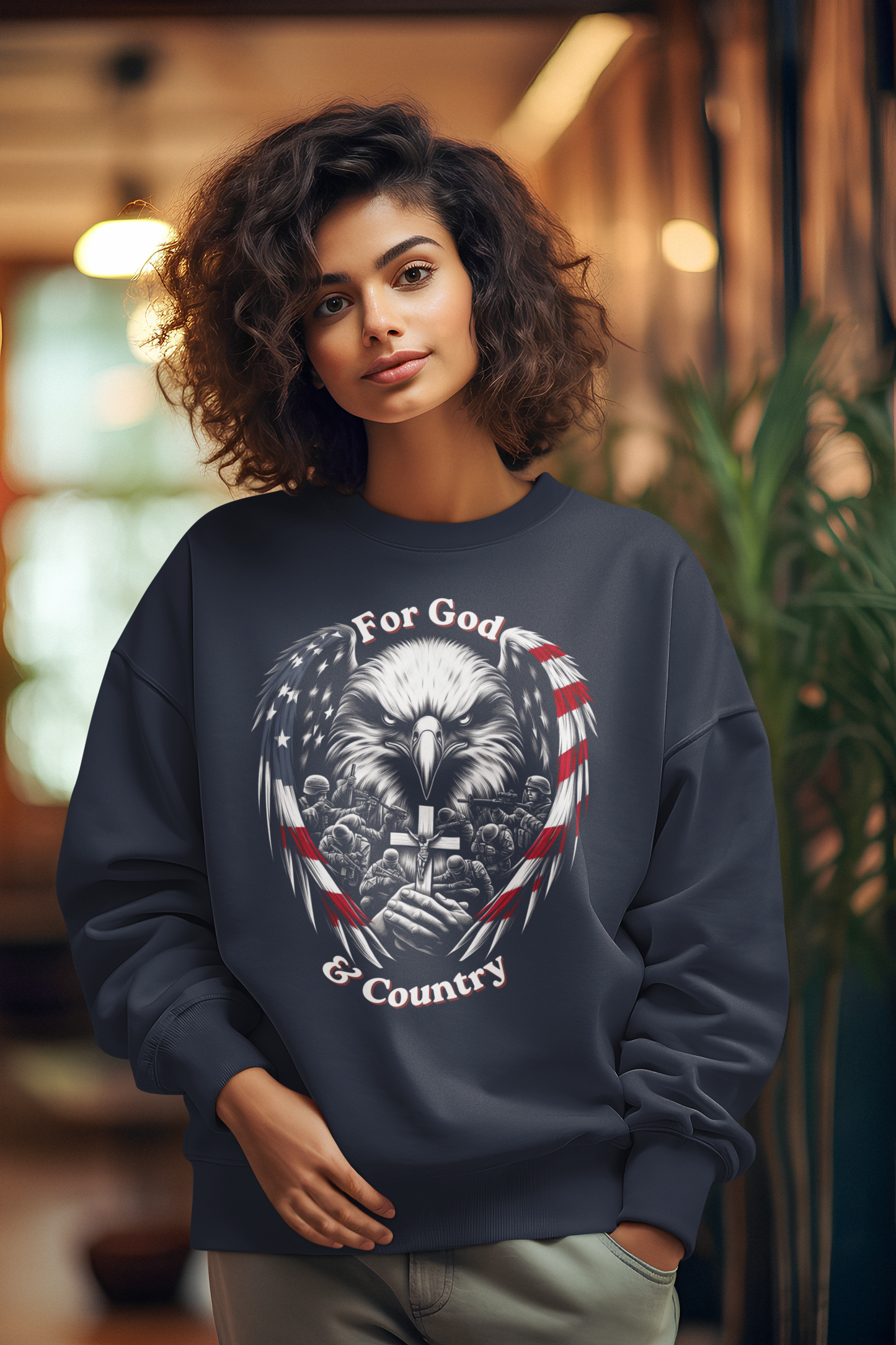 FOR GOD & COUNTRY Heavy Weight Patriotic Christian Sweatshirt (S-5XL):  Women's Gildan 18000 - FREE SHIPPING