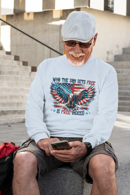 . FREE INDEED Heavy Weight Patriotic Christian Long Sleeve T-Shirt (S-2XL):  Men's Gildan 2400 - FREE SHIPPING