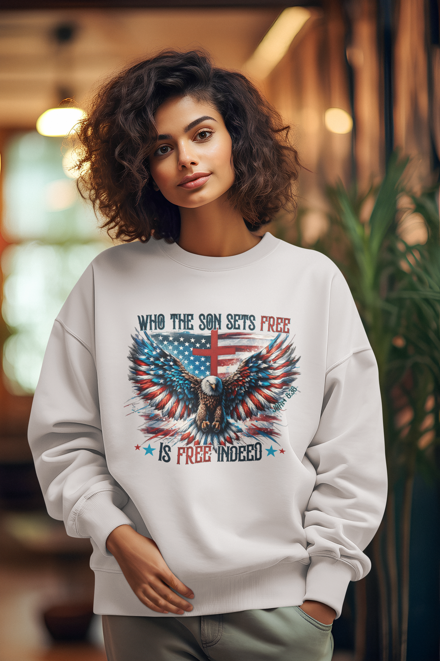 FREE INDEED Heavy Weight Patriotic Christian Sweatshirt (S-5XL):  Women's Gildan 18000 - FREE SHIPPING